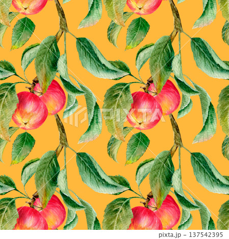 watercolor hand drawn seamless pattern with juicy red apples and green leaves on a orange background  137542395