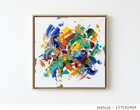 Abstract Expressionist Painting Artwork Mounted on Minimalist White Wall for Contemporary Interior Decor Abstract Expressionist Painting Artwork Mounted on Minimalist White Wall for Contemporary Interior Decor 137542404