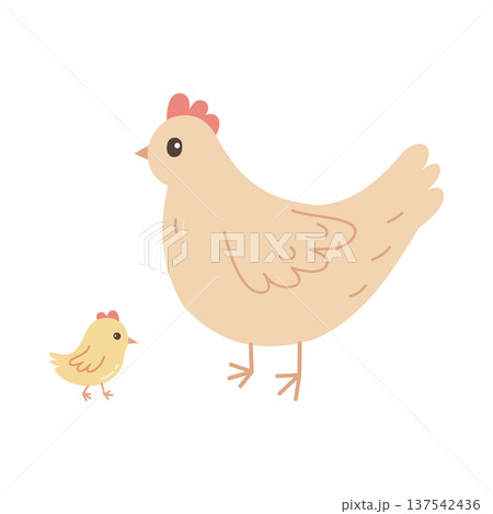 Hen and chick vector flat hand drawn style farm animal character mother bird with baby poultry illustration for kids and organic food branding Hen and chick vector flat hand drawn style farm animal character mother bird with baby poultry illustration for kids and organic food branding 137542436