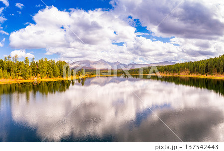 Aerial top view of Kidelyu lake near the Ulagan mountain pass. Beautiful landscape Alps from a drone. Scenic mountain lake surrounded by forest and autumn colors. Altai Republic, Siberia, Russia Aerial top view of Kidelyu lake near the Ulagan mountain pass. Beautiful landscape Alps from a drone. Scenic mountain lake surrounded by forest and autumn colors. Altai Republic, Siberia, Russia 137542443