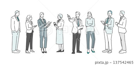 様々な姿勢で立つ男女グループービジネスパーソンービジネスチームのベクターイラスト素材 137542465