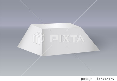 3d stand. Trapezoid shape. White empty podium for product presentation and exhibition, simple grey award background, block form, showroom exposition. Geometric vector isolated mockup 3d stand. Trapezoid shape. White empty podium for product presentation and exhibition, simple grey award background, block form, showroom exposition. Geometric vector isolated mockup 137542475