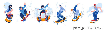 Happy employee. Fun skateboard character. dynamic skater motions. Fast skate ride. Energetic man. Woman on longboard. Skateboarding young people. Jump tricks. Vector freedom concepts set 137542476