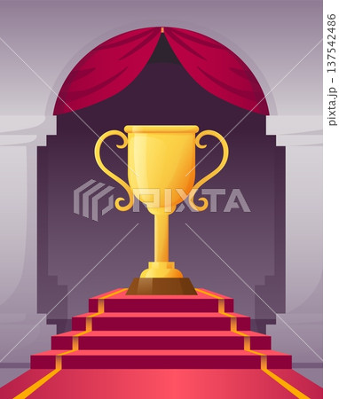 Golden trophy on stage. Gold cup on red carpet podium, arch on background, symbol of victory, achievement in sport and business and recognition. Vector cartoon flat style illustration Golden trophy on stage. Gold cup on red carpet podium, arch on background, symbol of victory, achievement in sport and business and recognition. Vector cartoon flat style illustration 137542486