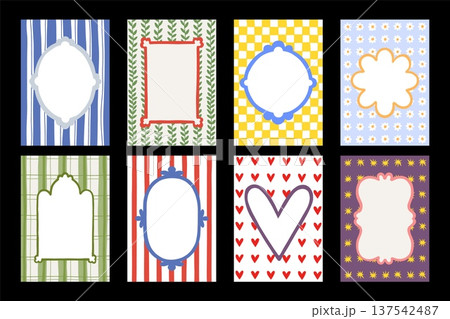 Wavy frames. Scallop pattern border, fun retro shape with abstract geometric edges. Funky pop doodles backgrounds. Childish cards or posters design. Vector isolated templates set Wavy frames. Scallop pattern border, fun retro shape with abstract geometric edges. Funky pop doodles backgrounds. Childish cards or posters design. Vector isolated templates set 137542487