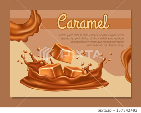 Caramel cubes splash. Banner design with copy space. Realistic isolated elements. Glossy cube pieces in liquid swirl and droplets, sweet sugar confectionery vector template illustration Caramel cubes splash. Banner design with copy space. Realistic isolated elements. Glossy cube pieces in liquid swirl and droplets, sweet sugar confectionery vector template illustration 137542492