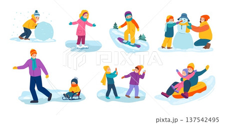 Winter games. Christmas family sledding or skating, man and woman in nature snow forest. Happy child couple in ice mountains, cold weather, building snowman. Vector scenes cartoon isolated set Winter games. Christmas family sledding or skating, man and woman in nature snow forest. Happy child couple in ice mountains, cold weather, building snowman. Vector scenes cartoon isolated set 137542495