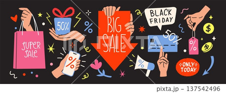 Hand hold shopping cart. Black Friday discount. Business marketing banner or sale advertising. Special offer percent. Phone app. Credit card payment for purchase. Vector flat stickers set Hand hold shopping cart. Black Friday discount. Business marketing banner or sale advertising. Special offer percent. Phone app. Credit card payment for purchase. Vector flat stickers set 137542496