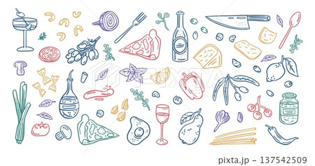 Doodle cocktails. Wine drink bottle. Pizza piece. Color line drawing. Vegetable slice. Alcohol beverage. Minimal outline print. Tropical birthday poster. Vector graphic elements set 137542509