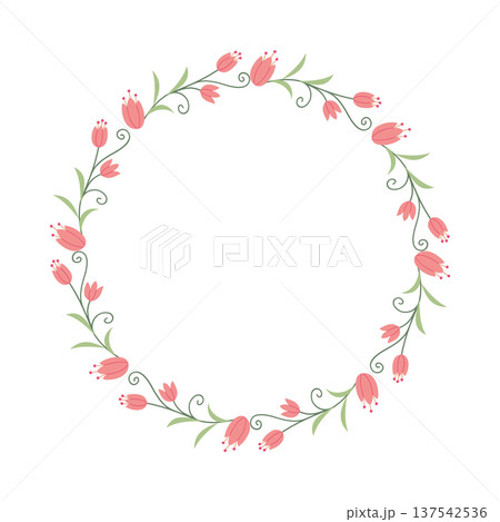 Tulip flower wreath vector flat hand drawn style botanical border circular pink floral frame wedding invitation and greeting card background 137542536