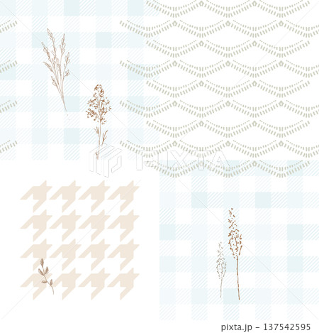 Gingham plaid and houndstooth patchwork pattern cottagecore rustic style in light sage green colors Gingham plaid and houndstooth patchwork pattern cottagecore rustic style in light sage green colors 137542595