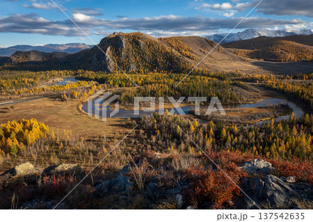 Scenic view of winding river with fall trees and mountains in background Scenic view of winding river with fall trees and mountains in background 137542635