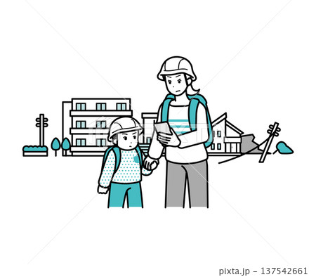 災害で避難する親子　ヘルメット付き 137542661