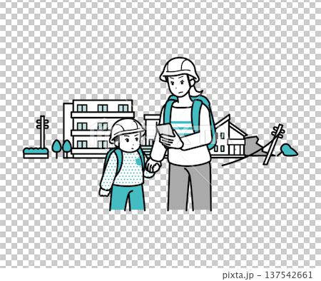 災害で避難する親子　ヘルメット付き 137542661