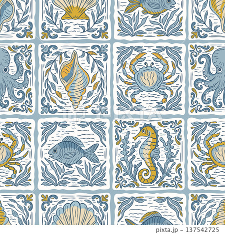 Mediterranean Sea Delft Tiles Seamless Vector Tile Pattern with Seahorse, Octopus, Crabs, Shells and Fish in Handdrawn Vintage Sketch Mediterranean Sea Delft Tiles Seamless Vector Tile Pattern with Seahorse, Octopus, Crabs, Shells and Fish in Handdrawn Vintage Sketch 137542725
