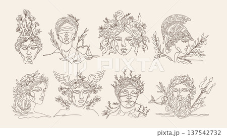 Greek Goddess Antique Mythology Ole Line Demeter Themis Medusa Athena Aphrodite Hermes Dionysus Poseidon Vector Set Line Art 137542732