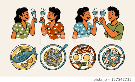 Friends Party Celebration Italian Food In Sketch Retro Doodle Style Cartoon Vector Set 137542735