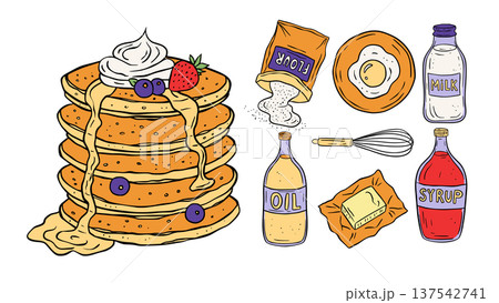 Pancake Breakfast Vector Set In Sketch Retro Doodle Style Cartoon Food Illustration 137542741