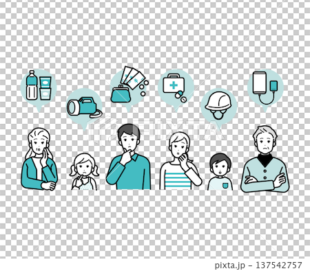 Illustration of a three-generation family thinking about disaster prevention supplies Illustration of a three-generation family thinking about disaster prevention supplies 137542757