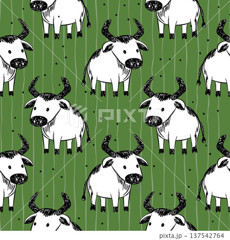 Bull Animal Seamless Farm Pattern Hand Drawn Cow Bulls Rustic Doodle Livestock Vector 137542764