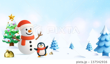 3d Snowman and penguin in festive winter scene 137542916