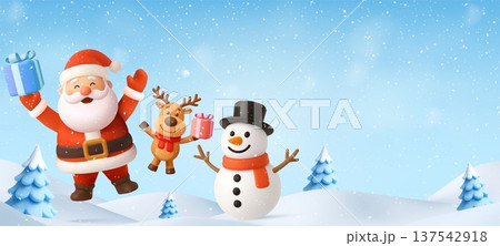 3d Santa, reindeer and snowman with Christmas gifts 3d Santa, reindeer and snowman with Christmas gifts 137542918