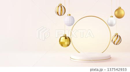 3d Christmas podium scene with golden ornaments 137542933