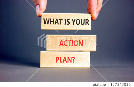 What is your action plan symbol. Concept words What is your action plan on beautiful blocks. Beautiful grey background. Businessman's hand. Business what is your action plan concept. Copy space. 137543030
