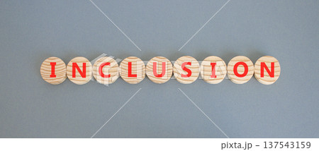 Inclusion symbol. Concept words Inclusion on beautiful wooden circles. Beautiful grey background. Business support inclusion concept. Copy space. Inclusion symbol. Concept words Inclusion on beautiful wooden circles. Beautiful grey background. Business support inclusion concept. Copy space. 137543159