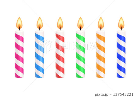 3d Colorful striped birthday candles with flames. 137543221