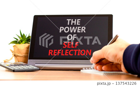 Self reflection symbol. Concept words Success begins with self reflection on beautiful tablet's screen. Beautiful white background. Business success begins with self reflection concept. Copy space. Self reflection symbol. Concept words Success begins with self reflection on beautiful tablet's screen. Beautiful white background. Business success begins with self reflection concept. Copy space. 137543226