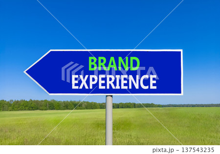 Brand experience symbol. Concept words Brand experience on beautiful blue road sign. Beautiful blue sky green grass field background. Business branding and brand experience concept. Copy space. 137543235