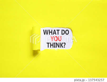 Support, help what do you think symbol. Concept words What do you think on beautiful white paper. Beautiful yellow paper background. Business what do you think concept. Copy space. Support, help what do you think symbol. Concept words What do you think on beautiful white paper. Beautiful yellow paper background. Business what do you think concept. Copy space. 137543257