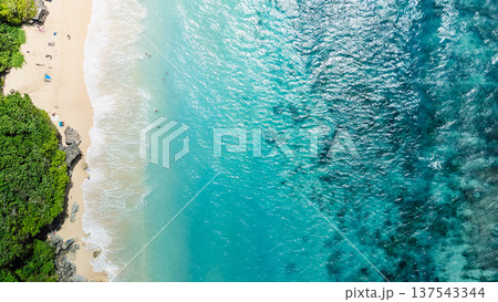 Sunny day on tropical beach with blue ocean. Aerial top down view Sunny day on tropical beach with blue ocean. Aerial top down view 137543344