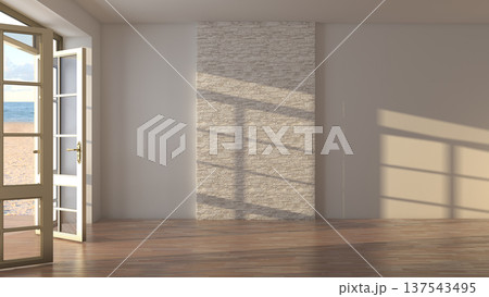 Empty Coastal Room With Stone Wall And Open Beach Door 137543495