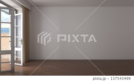 Empty Beachfront Interior With Open Door And Ocean View Empty Beachfront Interior With Open Door And Ocean View 137543499