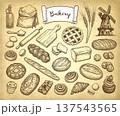 Hand Drawn Bakery Set with Bread and Pastries 137543565