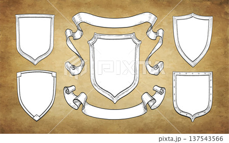Hand-drawn heraldic shields with vintage ribbons 137543566