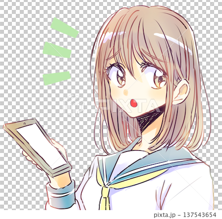 A relaxed female student holding a smartphone is troubled and talks A relaxed female student holding a smartphone is troubled and talks 137543654