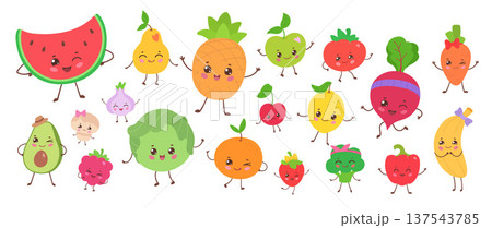 .Cute fruits and vegetables character set 137543785