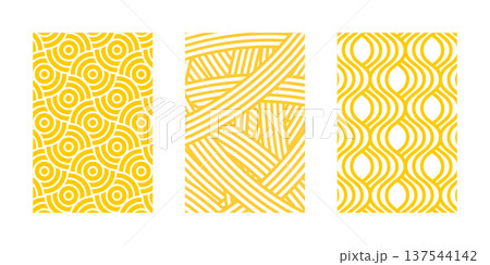 Set of vertical posters with pasta, ramen, macaroni or noodle patterns for traditional Italian or Japanese restaurant or cafe decoration. Backgrounds with circular and curvy intersecting yellow lines 137544142