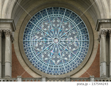 the Rose window at Alexandra Palace, an iconic piece of London architectural history. Originally known as 'The Palace of the People or simply 'Ally Pally' this Grade II-listed venue the Rose window at Alexandra Palace, an iconic piece of London architectural history. Originally known as 'The Palace of the People or simply 'Ally Pally' this Grade II-listed venue 137544243