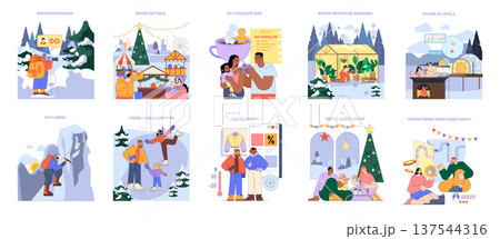 Collection of vector illustrations depicting diverse winter activities. Scenes include winter photography, festivals, hot chocolate enjoyment, greenhouse gardening, visiting ice hotels, ice climbing Collection of vector illustrations depicting diverse winter activities. Scenes include winter photography, festivals, hot chocolate enjoyment, greenhouse gardening, visiting ice hotels, ice climbing 137544316