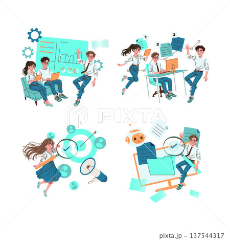 Vector illustration showcasing a team collaborating on business strategies, setting targets, and analyzing data. Highlights teamwork, focus on goals, and technological innovation in a workplace Vector illustration showcasing a team collaborating on business strategies, setting targets, and analyzing data. Highlights teamwork, focus on goals, and technological innovation in a workplace 137544317