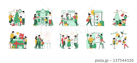 Vector illustration series highlighting festive family activities and holiday preparations. Scenes include decorating, baking, shopping, and celebrating, capturing joyful holiday moments. Vector illustration series highlighting festive family activities and holiday preparations. Scenes include decorating, baking, shopping, and celebrating, capturing joyful holiday moments. 137544320