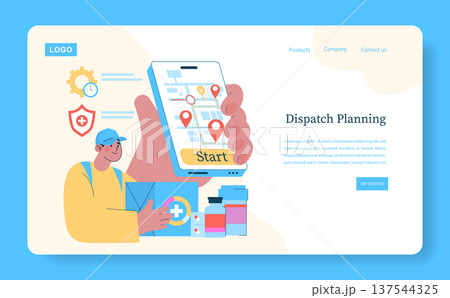 Vector illustration of a delivery dispatch planning app. A hand holds a smartphone showing a map with geolocation pins. A courier holds packages, symbolizing urban delivery services. 137544325