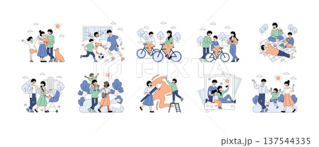 Vector illustration set depicting various family activities outdoors. Scenes include playing soccer, cycling together, picnicking, family walks with children, and enjoying creative pursuits. 137544335