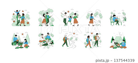 This collection of vector illustrations depicts families enjoying various outdoor activities in nature, including hiking, picnicking, and walking with pets, capturing joyful and relaxed moments. 137544339