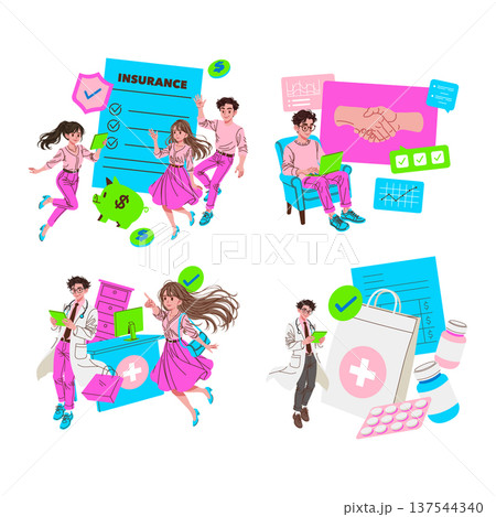 Vector illustration set depicting dynamic scenes of financial and healthcare planning. Includes elements like insurance forms, piggy banks, medical checklists, and professional individuals Vector illustration set depicting dynamic scenes of financial and healthcare planning. Includes elements like insurance forms, piggy banks, medical checklists, and professional individuals 137544340