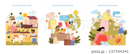 Vector illustration set depicting eco-friendly practices. Includes a mini-farm with solar panels, eco-conscious packaging with no plastic, and educational farms promoting sustainability. Vector illustration set depicting eco-friendly practices. Includes a mini-farm with solar panels, eco-conscious packaging with no plastic, and educational farms promoting sustainability. 137544341